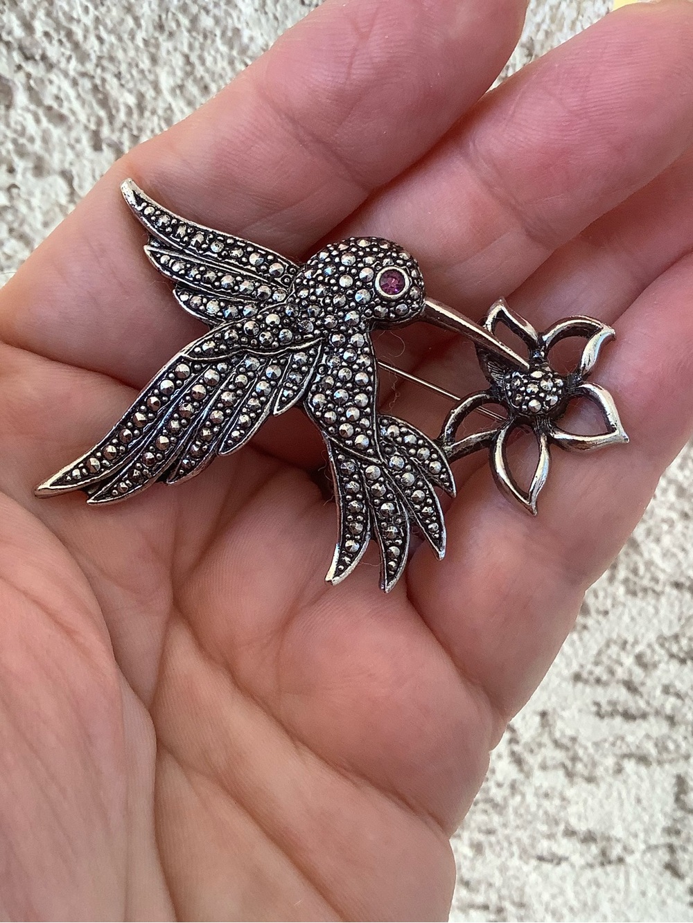 Silver Hummingbird Brooch Pin with Pink Accent -